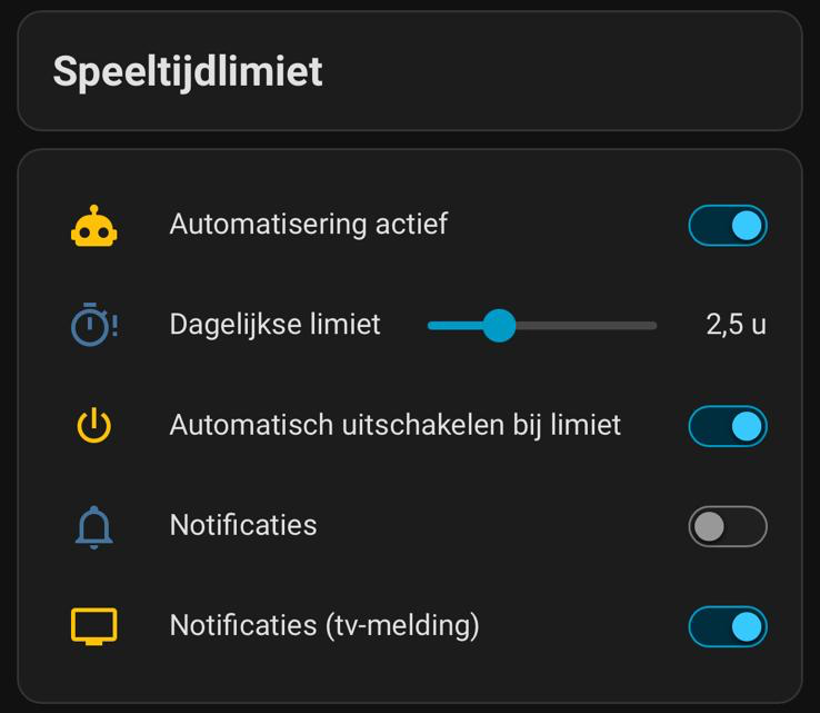 Instellingenblok met daglimiet, auto-uitschakelen en meldingsschakelaars